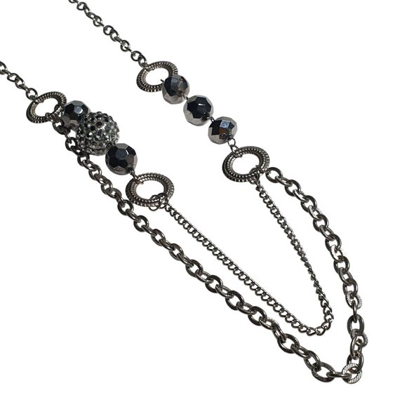 You and I Long Necklace Gunmetal Beaded Rhinestone Loops Layered Chains Jewelry - Picture 3 of 6